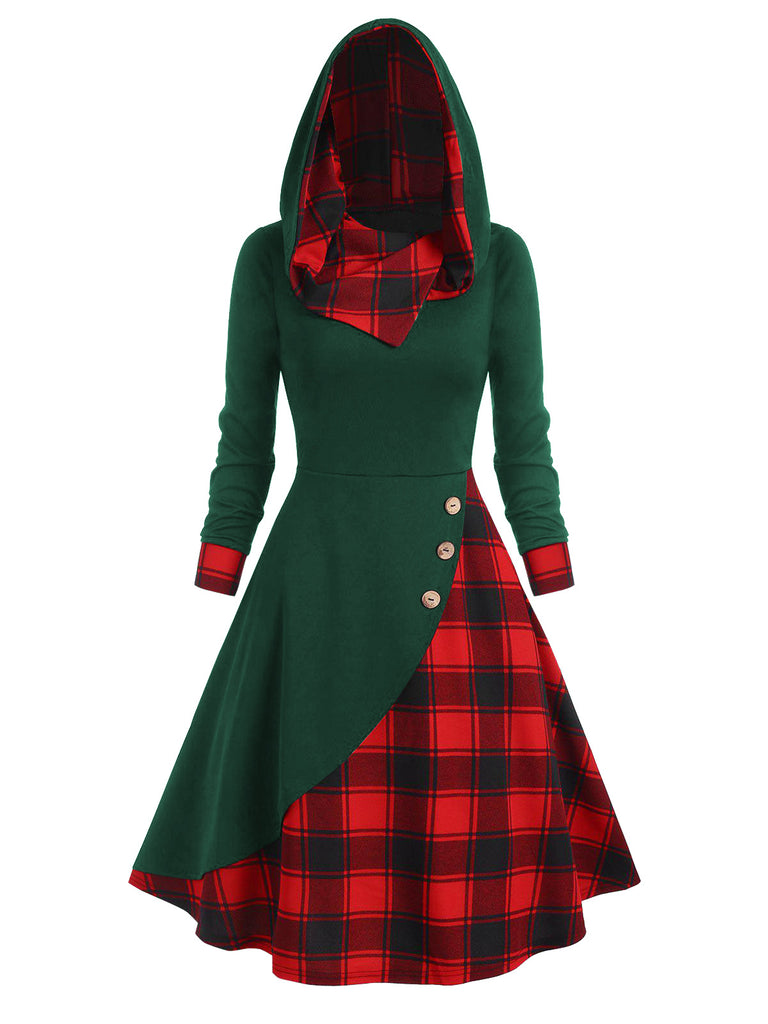 Vintage Plaid Hooded Button Dress