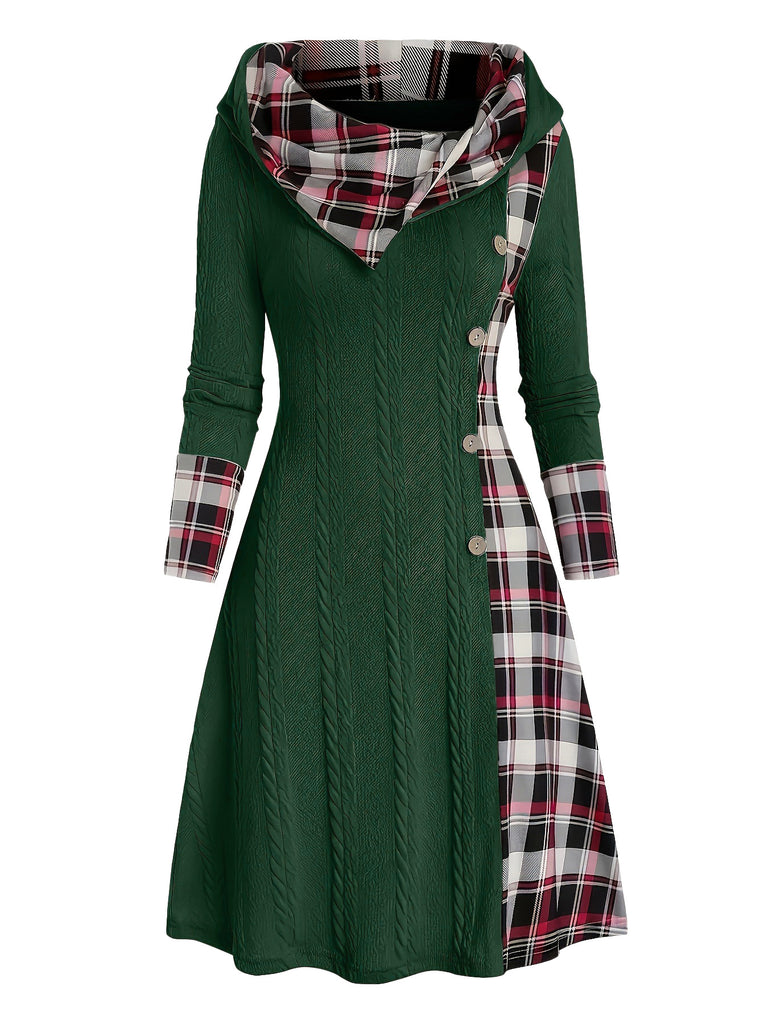 Retro Stage Vintage Plaid Hooded Sweater Dress - Cable Knit Cowl Neck A-Line Tunic Retro Stage Vintage Plaid Hooded Sweater Dress - Cable Knit Cowl Neck A-Line Tunic