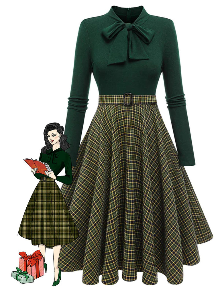 Vintage Plaid A-Line Dress | Green Knitting Long Sleeve Bow Tie Neck Belted Midi Dress Vintage Plaid A-Line Dress | Green Knitting Long Sleeve Bow Tie Neck Belted Midi Dress