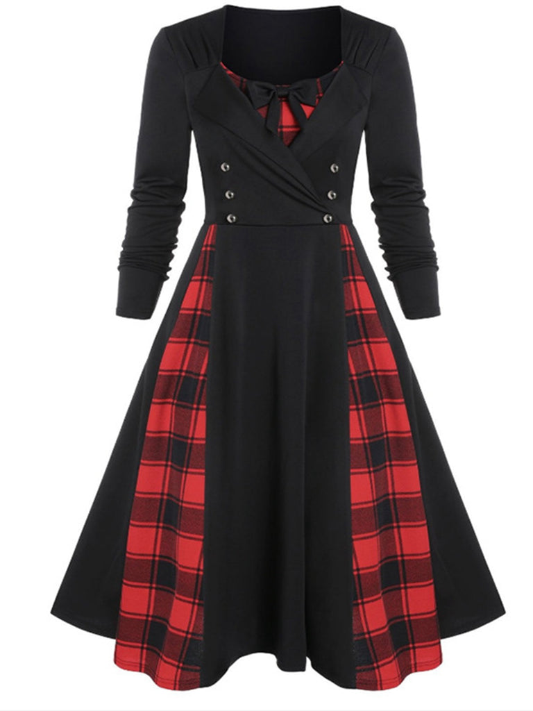 She slips into this 1950s Plaid Patchwork Gothic Pleated Dress and suddenly it's a 1950s daydream