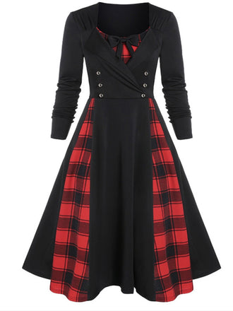 She slips into this 1950s Plaid Patchwork Gothic Pleated Dress and suddenly it's a 1950s daydream