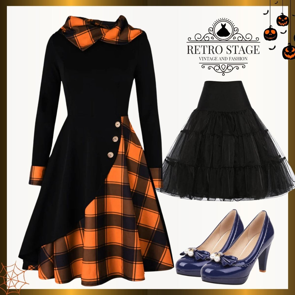 Orange 1950s Plaids Hooded Patchwork Dress, vintage dress, retro fashion, rockabilly, pin-up fashion - perfect for women who love vintage and retro fashion