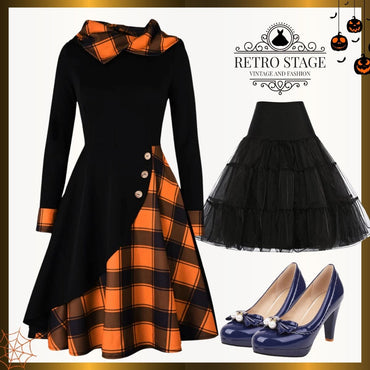 Orange 1950s Plaids Hooded Patchwork Dress, vintage dress, retro fashion, rockabilly, pin-up fashion - perfect for women who love vintage and retro fashion