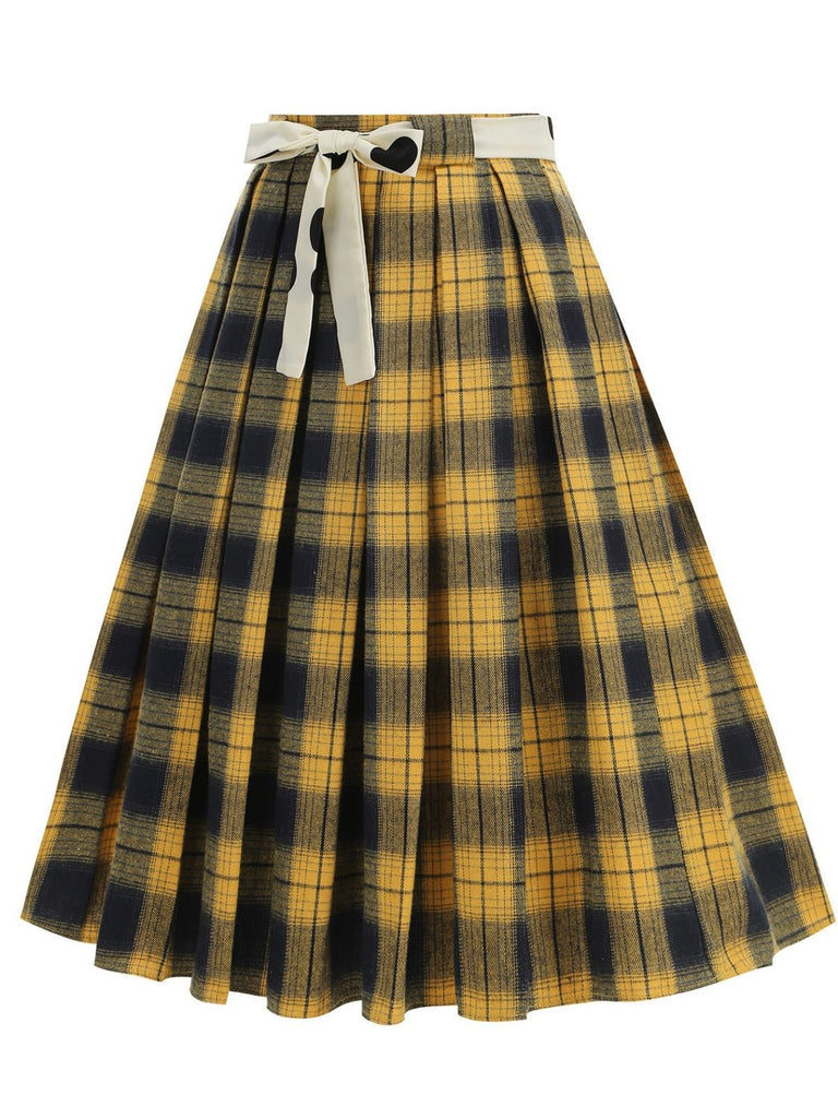 1950s Polka Dot Belt Plaid Pleated Skirt - vintage skirt, retro style