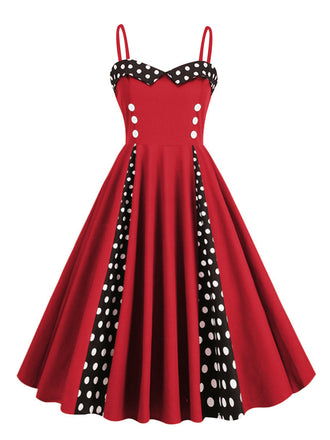 She slips into this 1950s Polka Dot Contrast Spaghetti Strap Dress and suddenly it's a 1950s daydream