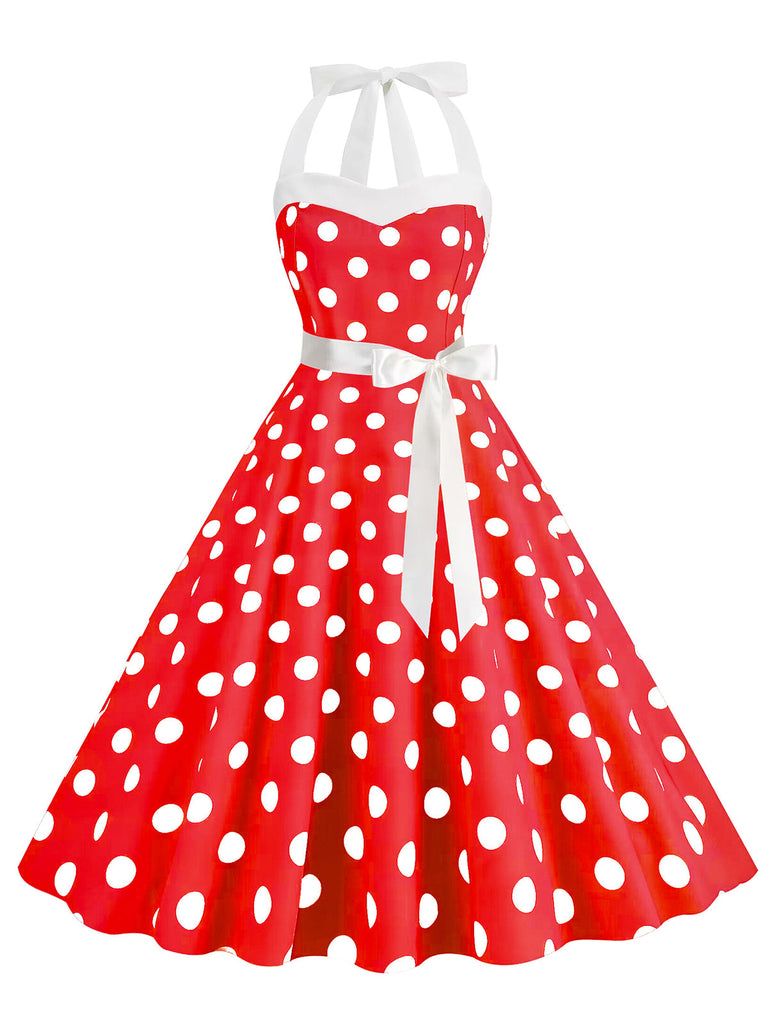 This 1950s Polka Dot Halter Belt Swing Dress wraps her in 1950s elegance, one twirl at a time