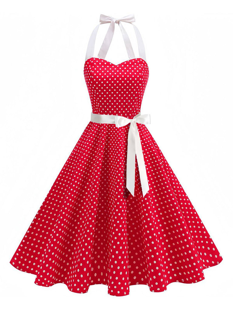 1950s Polka Dot Halter Belted Swing Dress