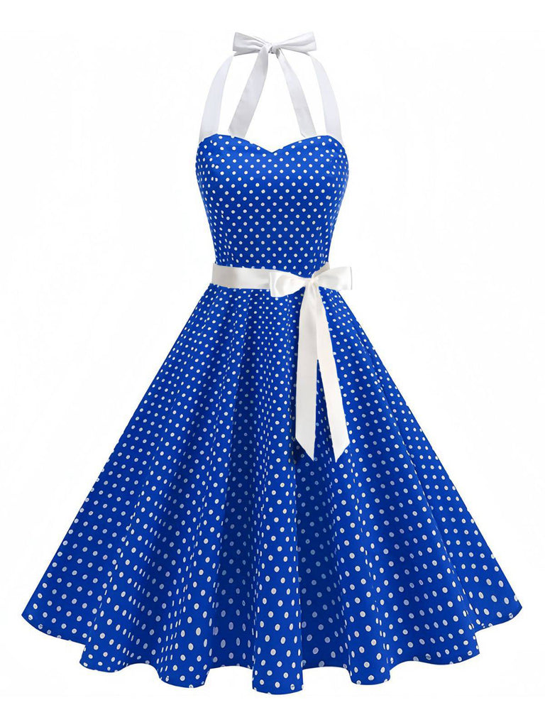 1950s Polka Dot Halter Belted Swing Dress