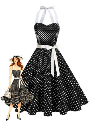 1950s Polka Dot Halter Belted Swing Dress