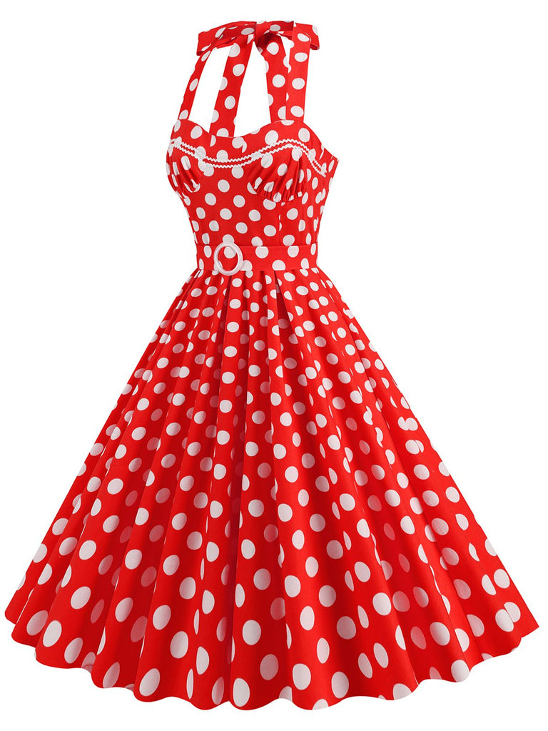 1950s Polka Dot Halter Neck Belt Dress, vintage dress, retro fashion, rockabilly, pin-up fashion - perfect for women who love vintage and retro fashion