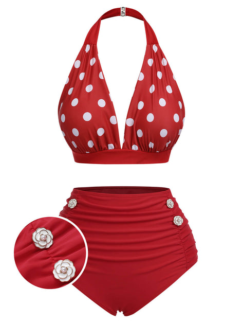 Red 1950s Polka Dot Halter Separate Swimsuit | Retro Stage