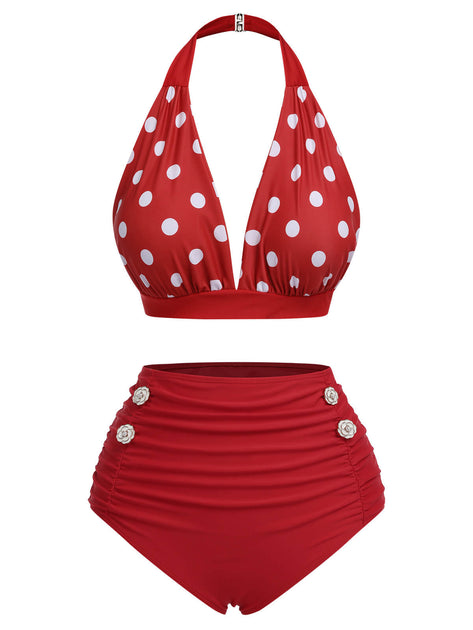 Red 1950s Polka Dot Halter Separate Swimsuit | Retro Stage