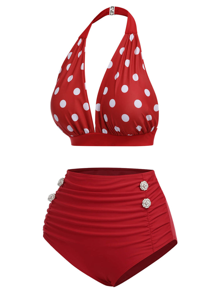 Red 1950s Polka Dot Halter Separate Swimsuit, vintage swimsuit, pin-up swimwear - perfect for women who love vintage and retro fashion