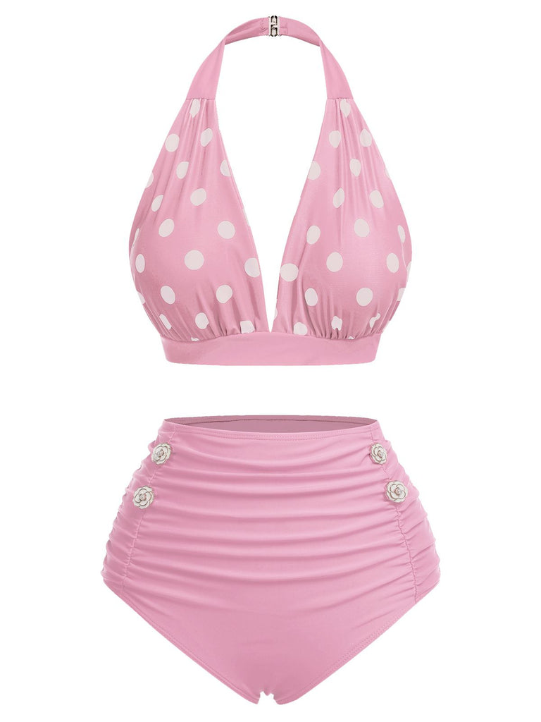 This 1950s Polka Dot Halter Separate Swimsuit carries 1950s vacation dreams in every stitch