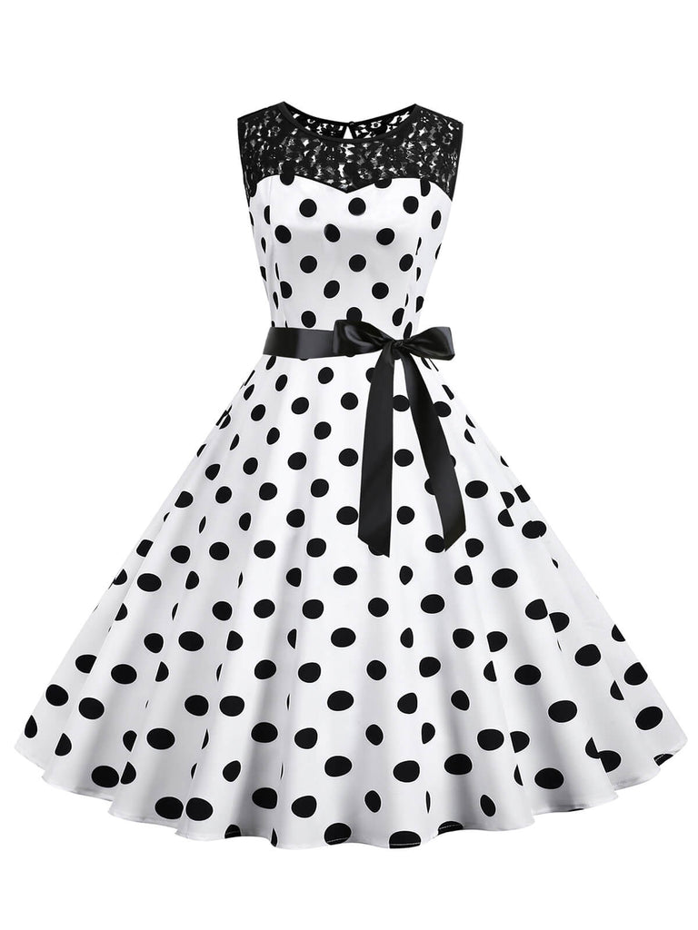 She slips into this 1950s Polka Dot Lace Patchwork Dress and suddenly it's a 1950s daydream