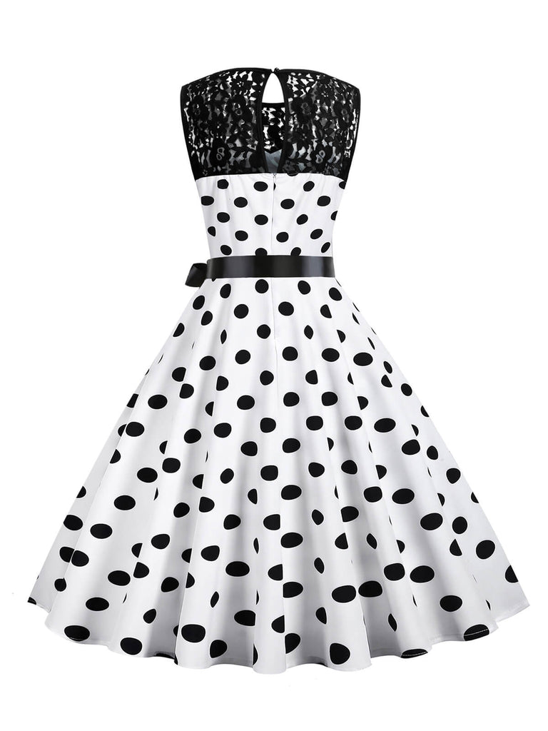 This 1950s Polka Dot Lace Patchwork Dress wraps her in 1950s elegance, one twirl at a time