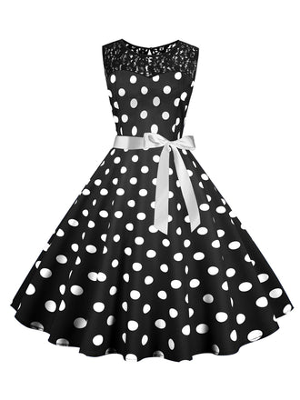 She slips into this 1950s Polka Dot Lace Patchwork Dress and suddenly it's a 1950s daydream