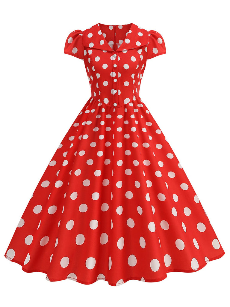 1950s Polka Dot Lapel Collar Cap Sleeve Swing Dress, vintage dress, retro fashion, rockabilly, pin-up fashion - perfect for women who love vintage and retro fashion
