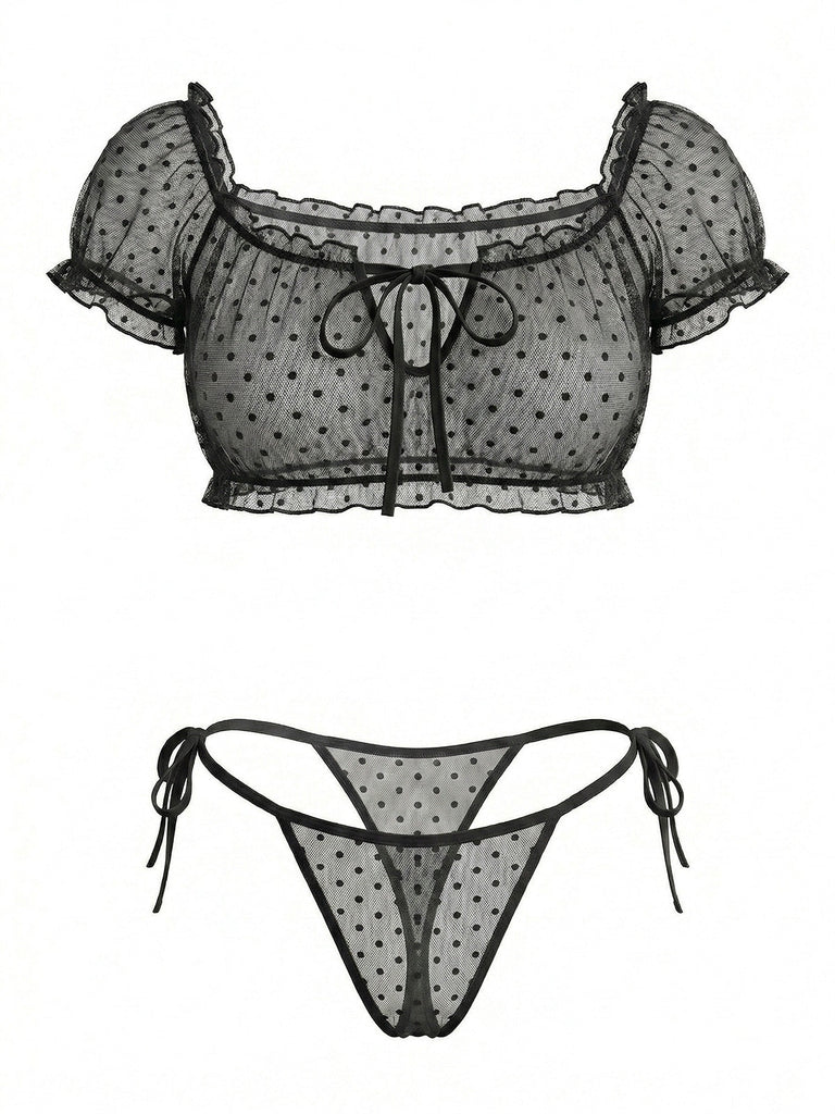 1950s Polka Dot Mesh Tie Off Shoulder Sleepwear