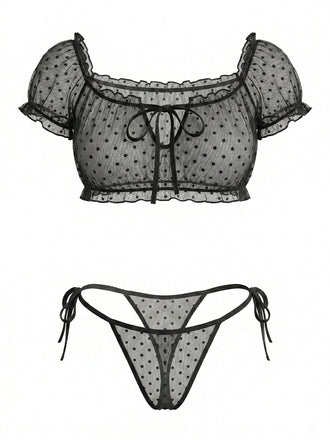 1950s Polka Dot Mesh Tie Off Shoulder Sleepwear