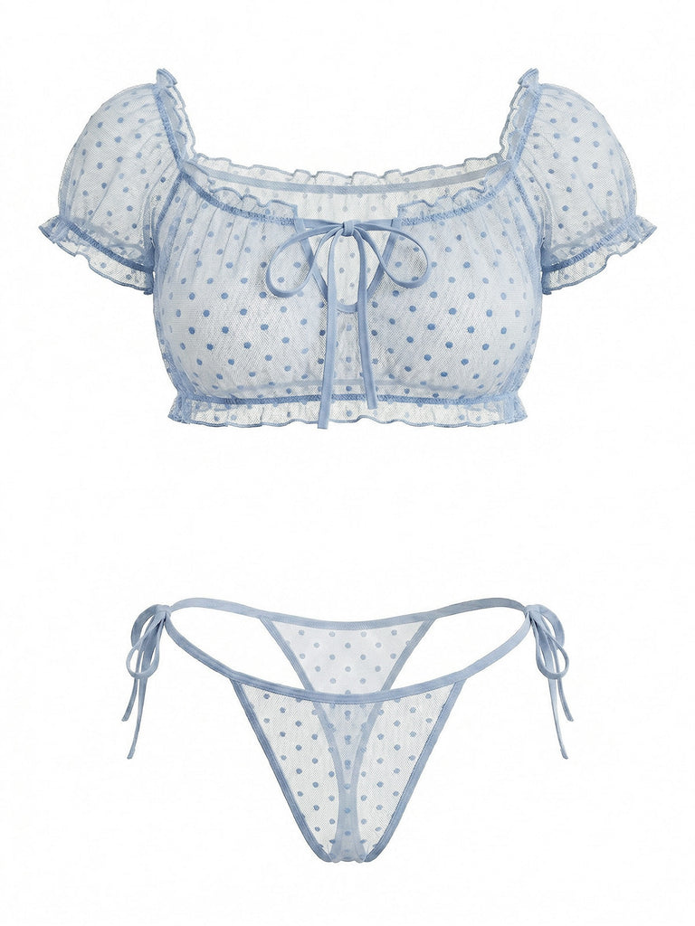 1950s Polka Dot Mesh Tie Off Shoulder Sleepwear 4