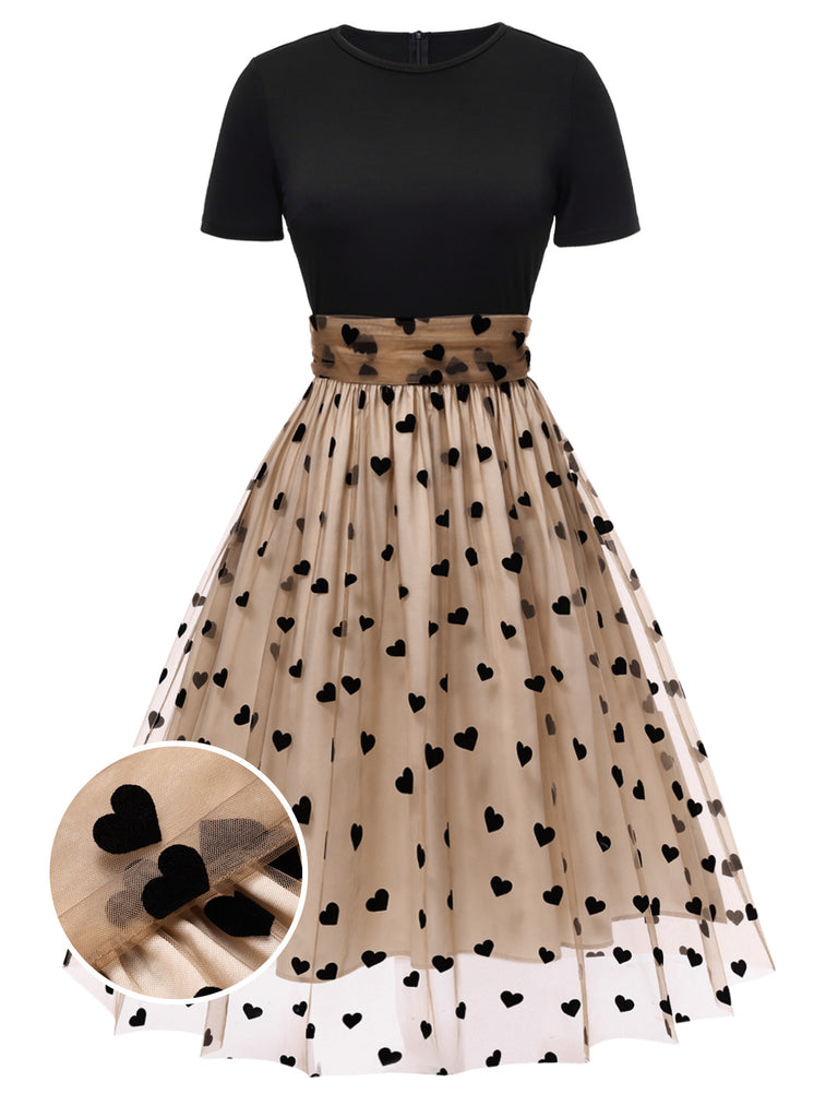 Retro Stage 1950s Heart Print Tulle Swing Dress | Black & Nude Flocked Mesh Cocktail Dress Retro Stage 1950s Heart Print Tulle Swing Dress | Black & Nude Flocked Mesh Cocktail Dress