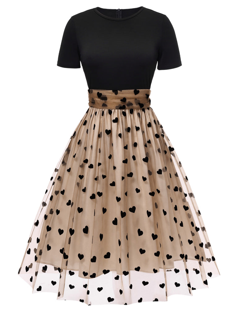 Retro Stage 1950s Heart Print Tulle Swing Dress | Black & Nude Flocked Mesh Cocktail Dress Retro Stage 1950s Heart Print Tulle Swing Dress | Black & Nude Flocked Mesh Cocktail Dress
