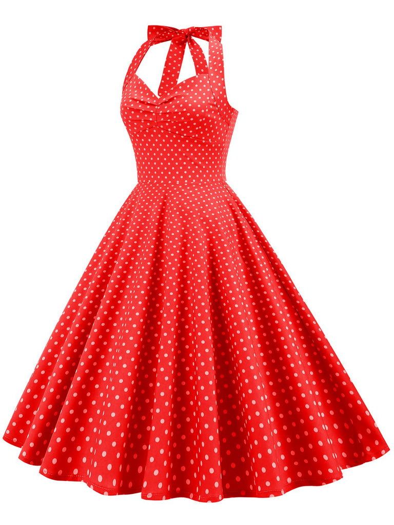 1950s Polka Dots Lace Up Halter Swing Dress — a 1950s silhouette that turns sidewalks into runways