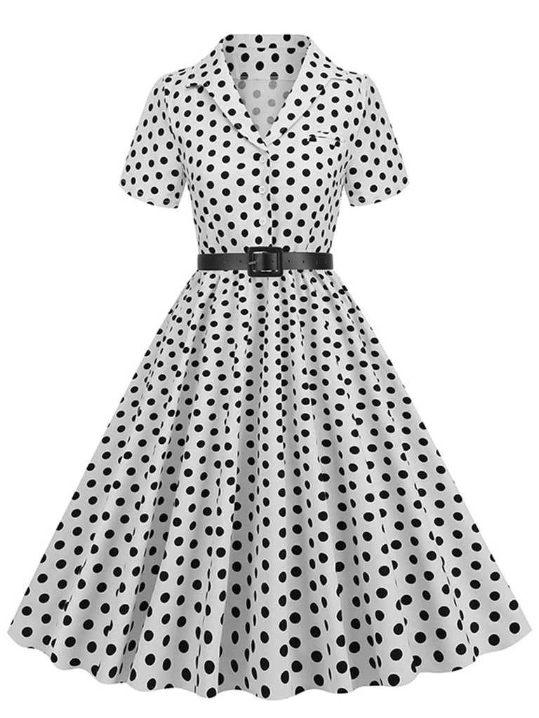 1950s Polka Dots Lapel Belted Dress — a 1950s silhouette that turns sidewalks into runways