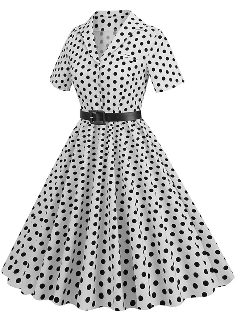 She slips into this 1950s Polka Dots Lapel Belted Dress and suddenly it's a 1950s daydream