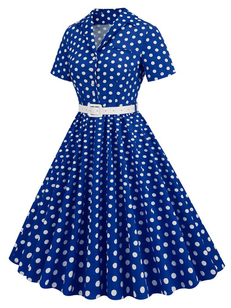 1950s Polka Dots Lapel Belted Dress — a 1950s silhouette that turns sidewalks into runways