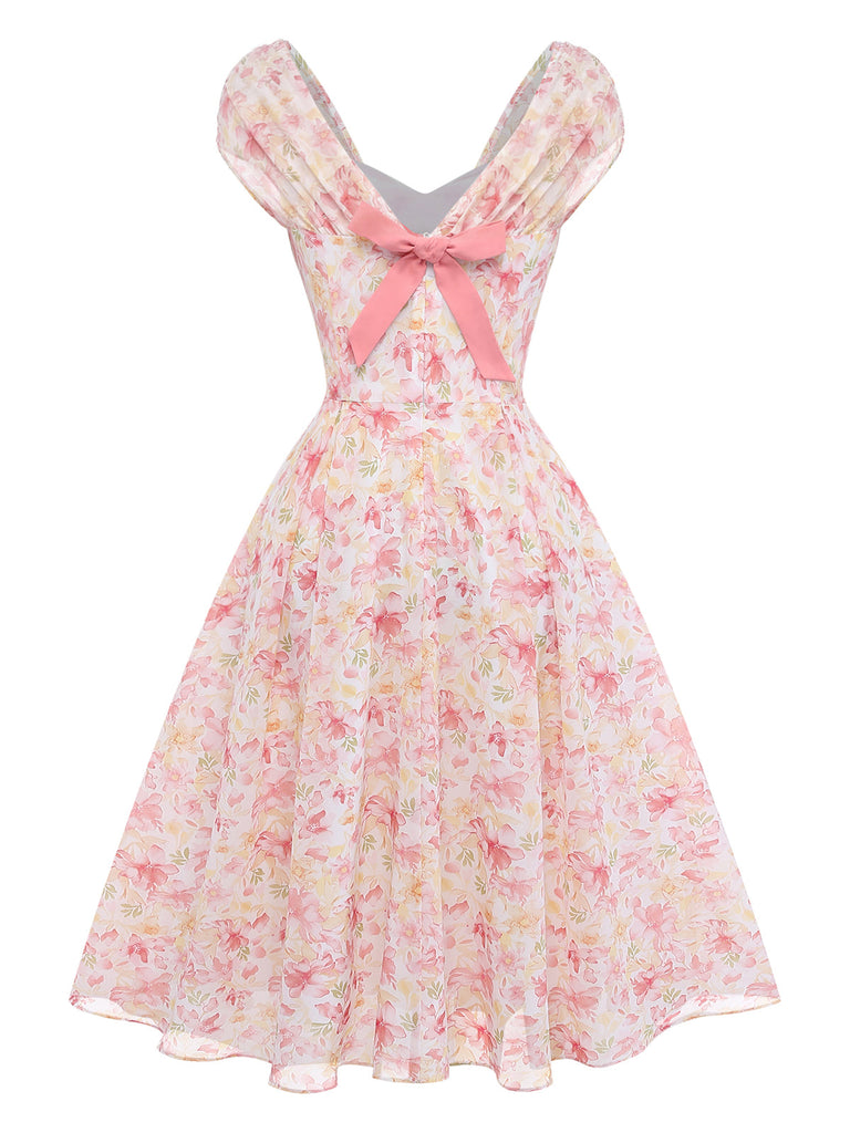 Blue 1950s Puff Sleeve Sweetheart Neck Floral Swing Dress