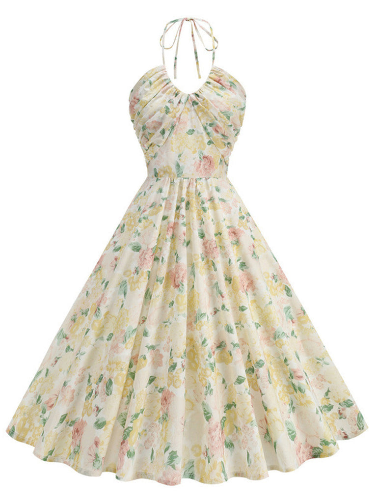 [Pre-Sale] Yellow 1950s Cotton Halter Floral Print Dress, vintage dress, retro fashion, rockabilly, pin-up fashion - perfect for women who love vintage and retro fashion