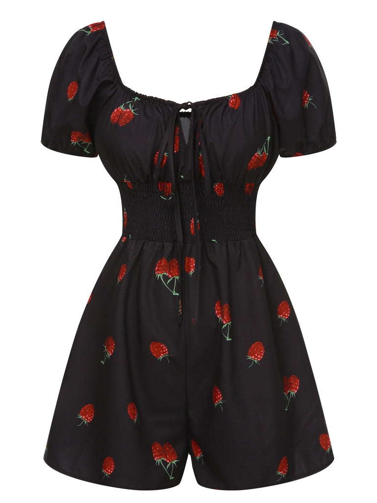 Black 1950s Raspberry Puff Sleeves Romper: beautiful vintage romper, retro jumpsuit, playful style with timeless appeal
