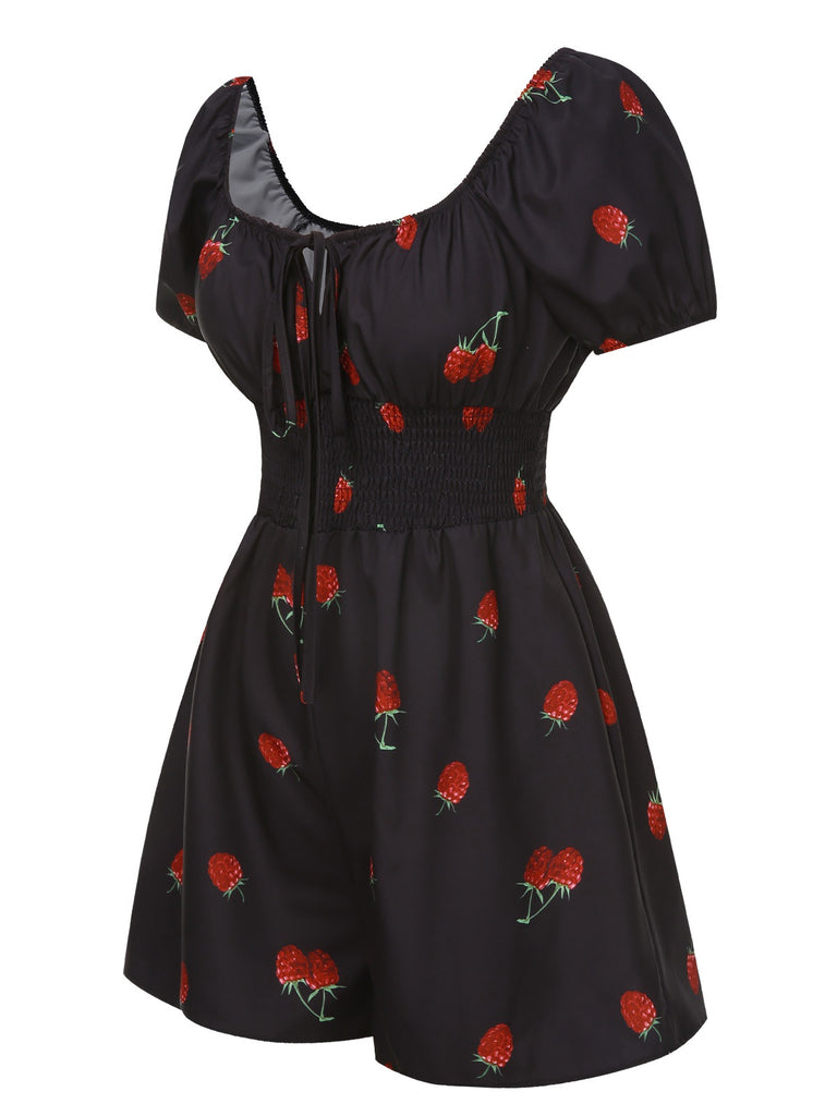 Black 1950s Raspberry Puff Sleeves Romper | vintage romper, retro jumpsuit, playful style - perfect for retro fashion enthusiasts