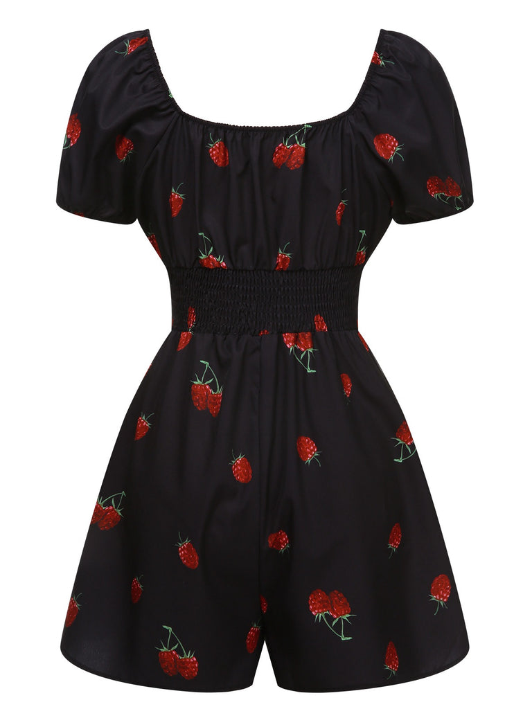 Black 1950s Raspberry Puff Sleeves Romper - vintage romper, retro jumpsuit, playful style for vintage lovers