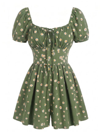 Plus Size Green 1950s Daisy Puff Sleeve Dress
