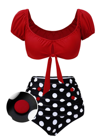1950s Red & Black Polka Dot Halter Swimsuit, vintage swimsuit, pin-up swimwear - perfect for women who love vintage and retro fashion