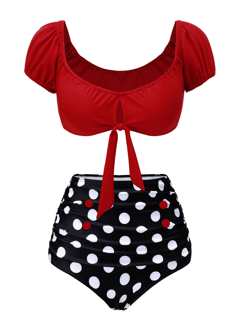 1950s Red & Black Polka Dot Halter Swimsuit, vintage swimsuit, pin-up swimwear - perfect for women who love vintage and retro fashion