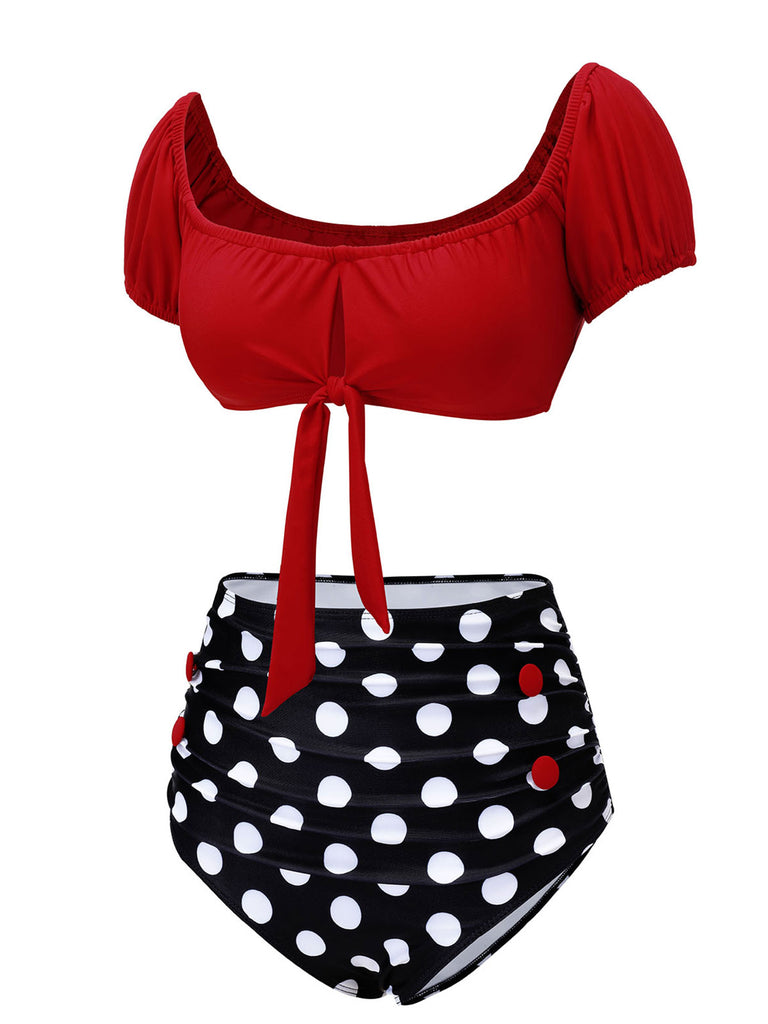 1950s Red & Black Polka Dot Halter Swimsuit, vintage swimsuit, pin-up swimwear - perfect for women who love vintage and retro fashion