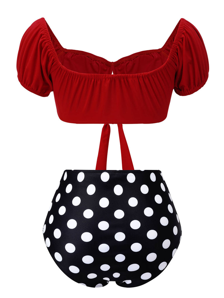 1950s Red & Black Polka Dot Halter Swimsuit, vintage swimsuit, pin-up swimwear - perfect for women who love vintage and retro fashion