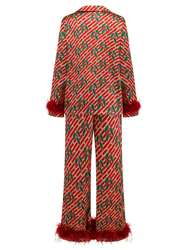 Red 1950s Holly & Candy Cane Stripes Feather Pajama Set - vintage fashion, retro style, elegant red