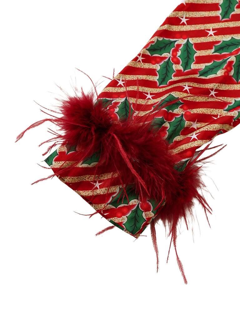 Red 1950s Holly & Candy Cane Stripes Feather Pajama Set - vintage fashion, retro style, elegant red