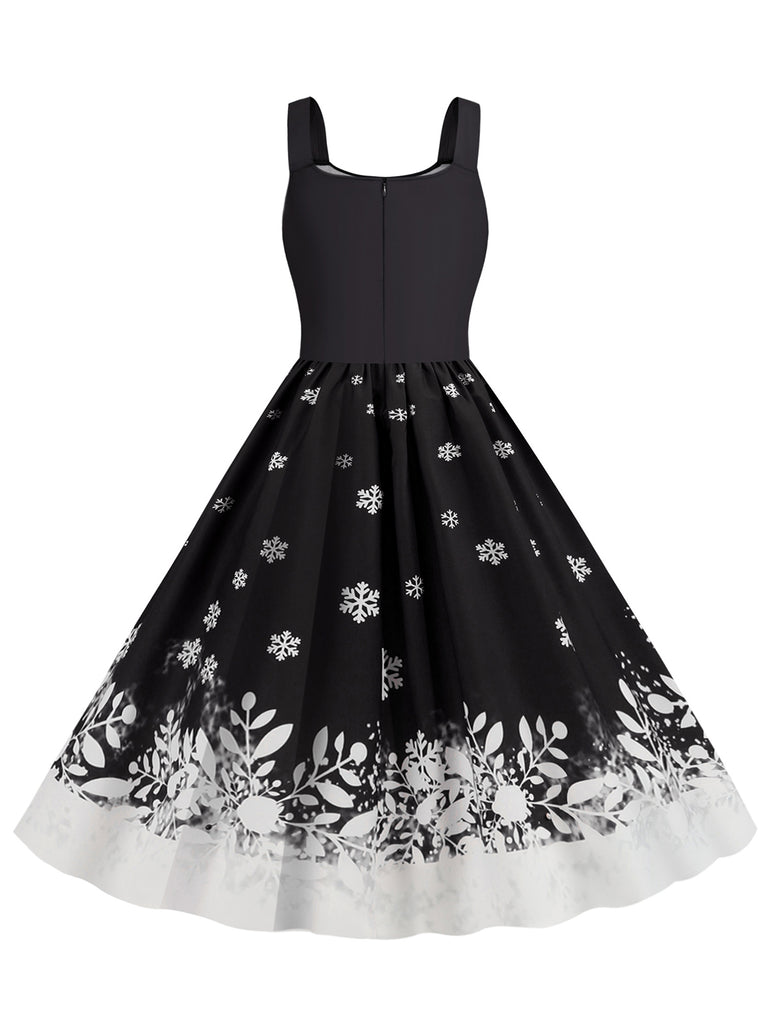 Vintage Red Santa Print Scoop Neck Christmas Swing Midi Dress