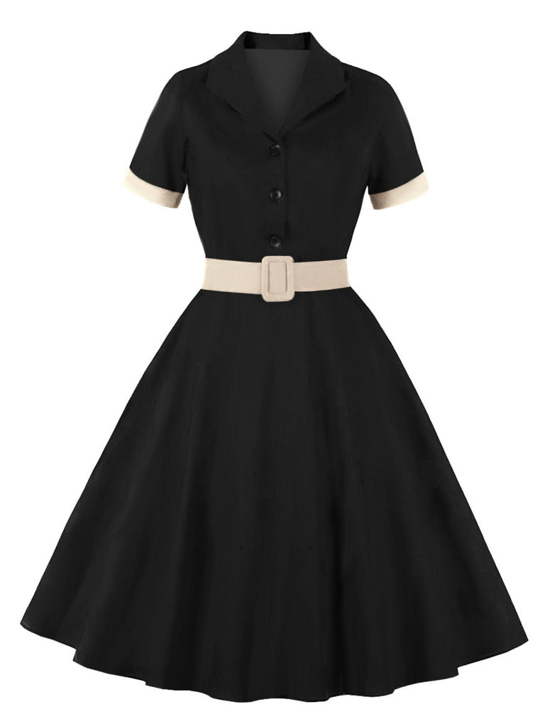 She slips into this 1950s Retro Contrast Short-Sleeved Lapel Dress and suddenly it's a 1950s daydream
