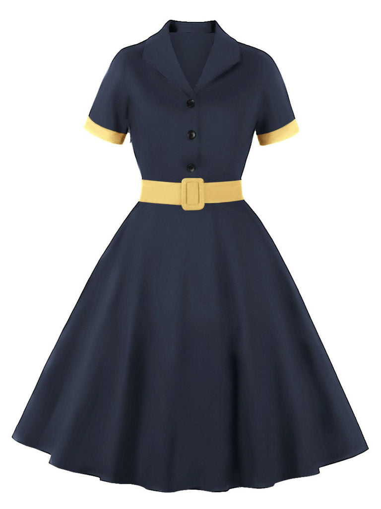 1950s Retro Contrast Short-Sleeved Lapel Dress: where 1950s romance meets her modern spirit