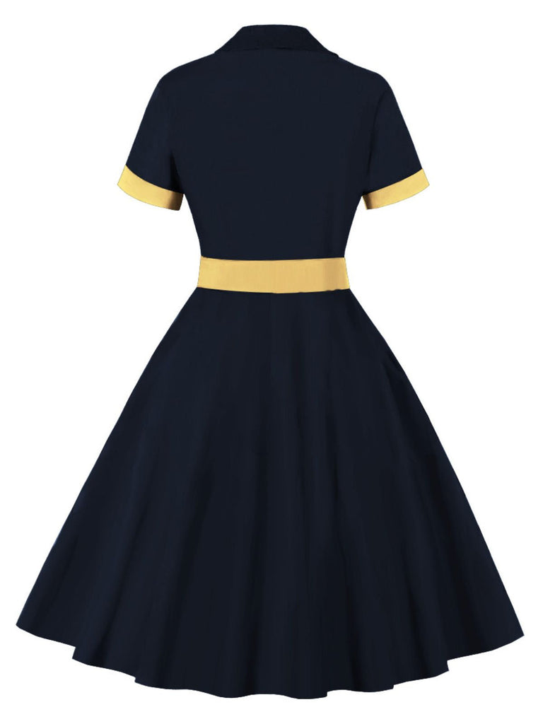 This 1950s Retro Contrast Short-Sleeved Lapel Dress wraps her in 1950s elegance, one twirl at a time