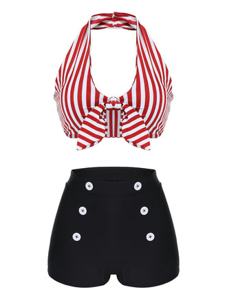 She's wearing 1950s Retro Halter Stripes Bikini Set and the whole beach remembers the 1950s