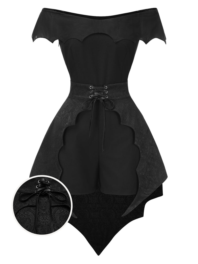 2PCS Black 1950s Gothic Bat Romper & High-Low Cover-Up - vintage jumpsuit, retro fashion, classic black