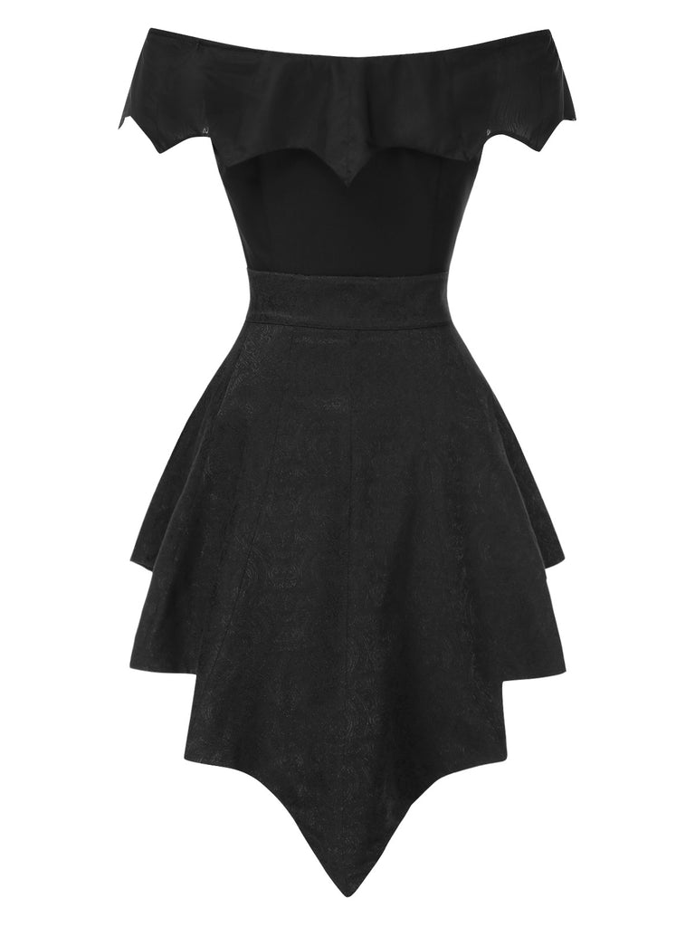 2PCS Black 1950s Gothic Bat Romper & High-Low Cover-Up